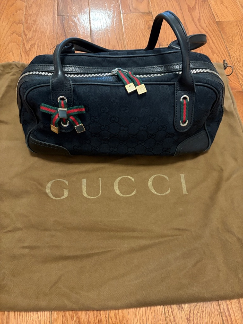 Gucci Black Canvas Duffel with Green-Red Web Trim